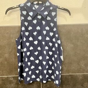 NWT Equipment Femme Mina Navy Blue Hearts Silk Sleeveless Button Front Blouse XS